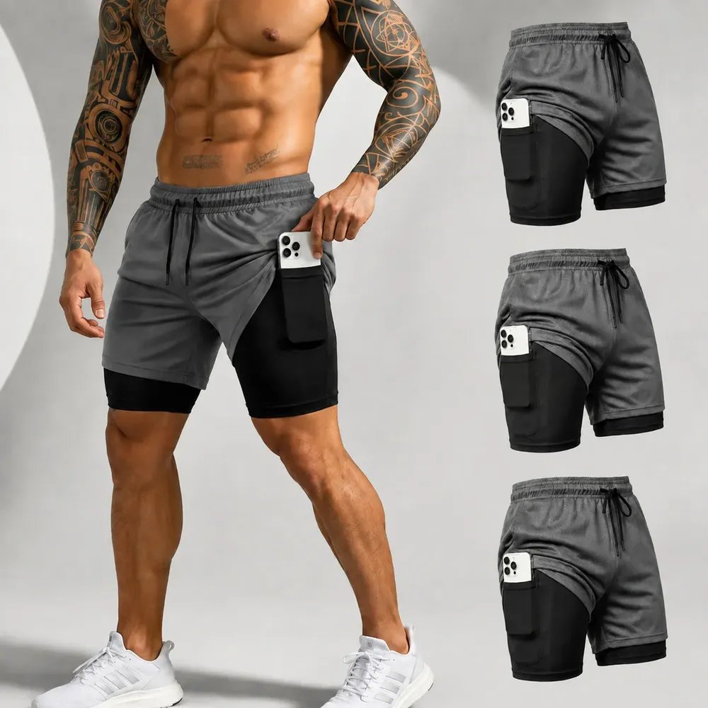 Kit 3 Shorts 2 Em 1 Duplo Bolso Para Academia Treino Corrida 3-cinza P