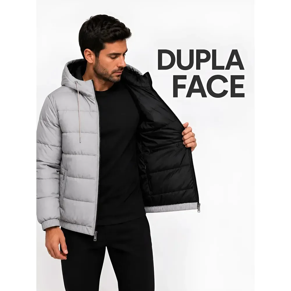 Jaqueta Puffer Masculina Térmica Com Capuz Forro Interno Cinza Dupla Face G Lisa