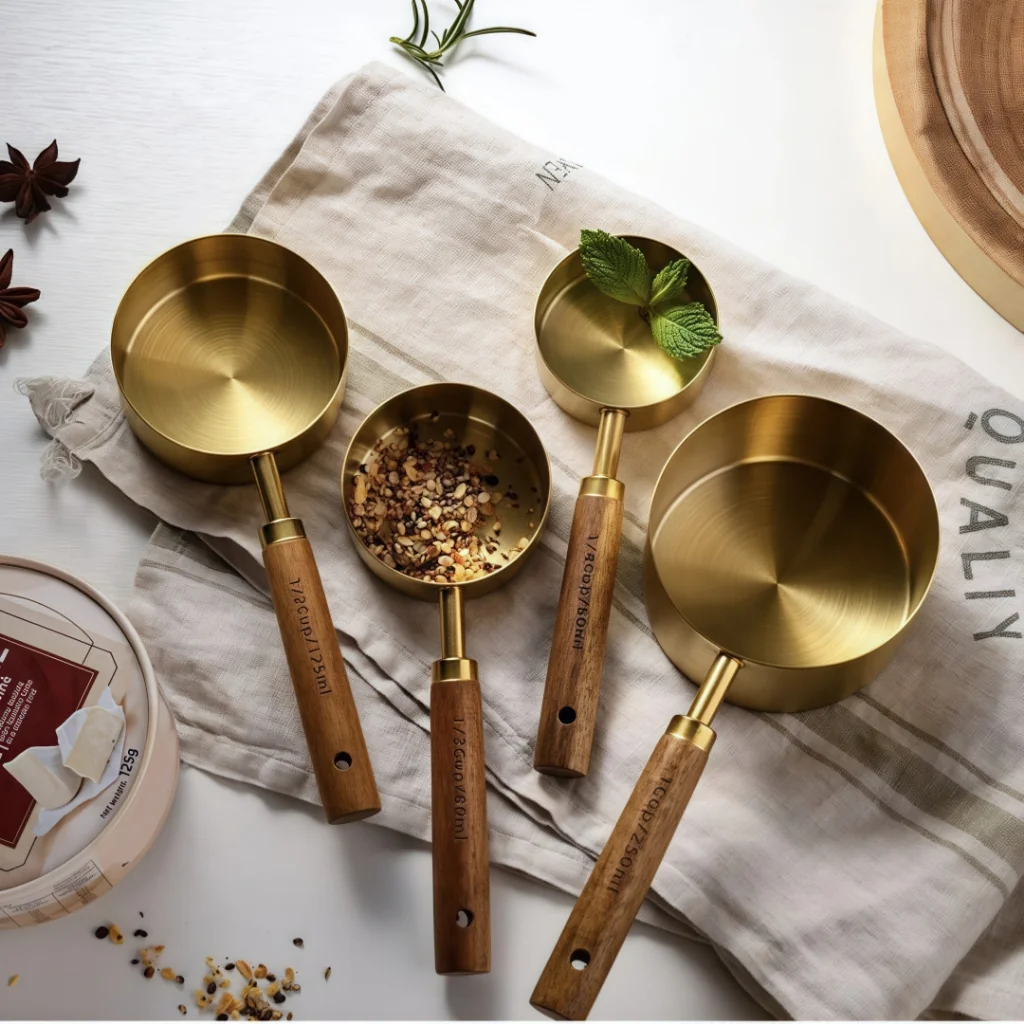 Colheres Medidoras de Aço Inoxidável com Cabo de Madeira – Dourado Luxo para Cozinha Moderna