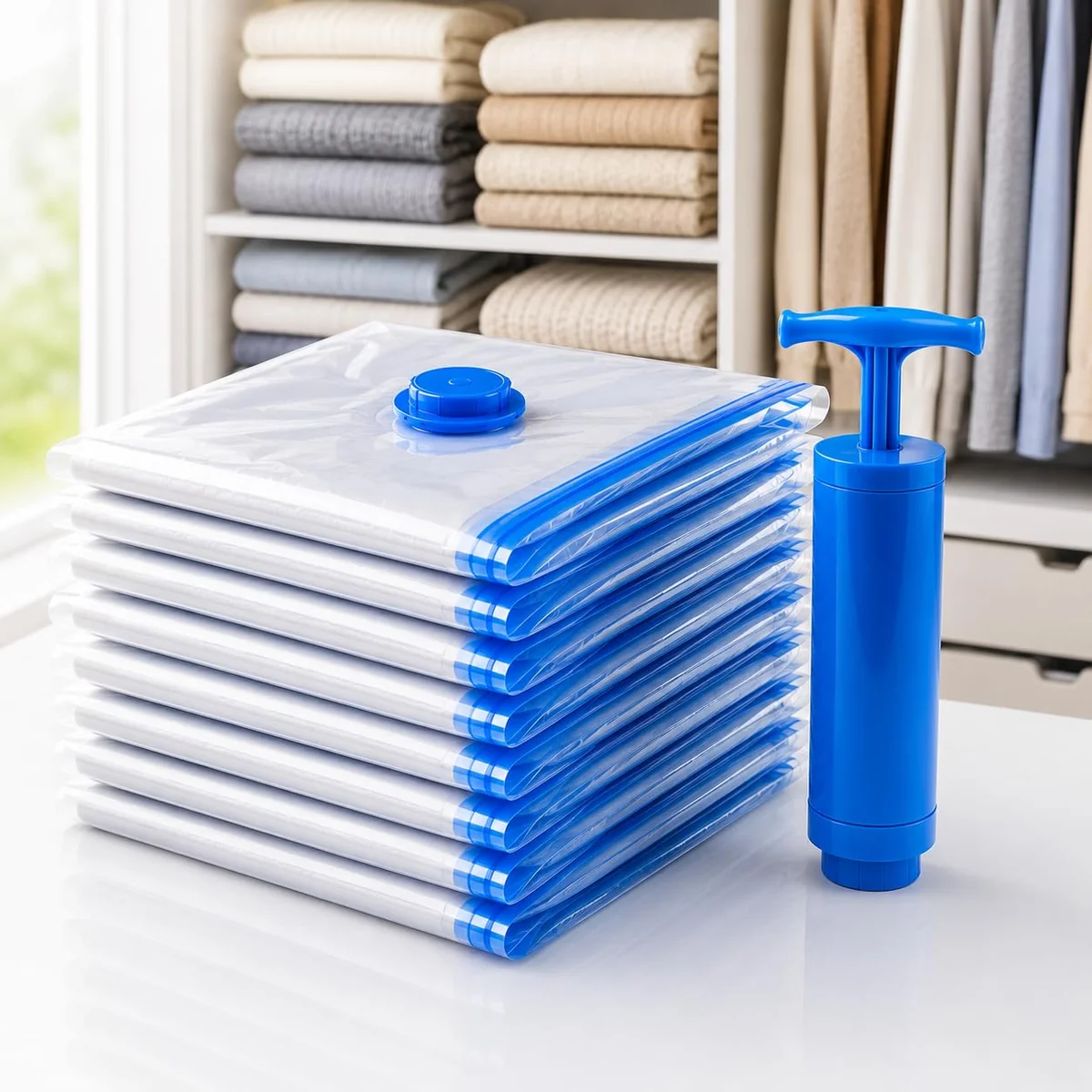 Kit 10 Sacos a Vácuo 50x60cm com Bomba Manual – Organizador de Roupas para Viagem e Armário, Economia de Espaço até 80%, Reutilizável, Proteção Contra Umidade, Poeira e Odores