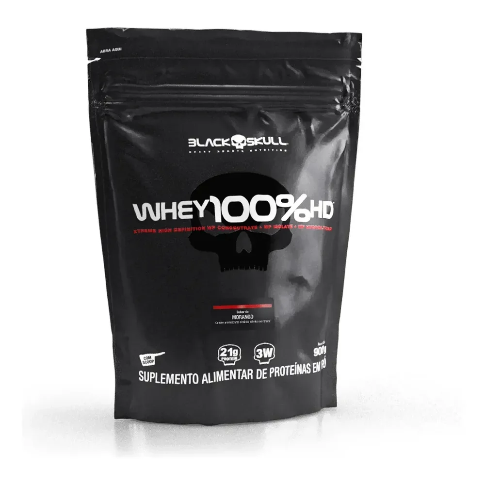 Whey 100% Hd Refil Black Skull - 900g (wpc, Wpi E Wph) Sabor Morango