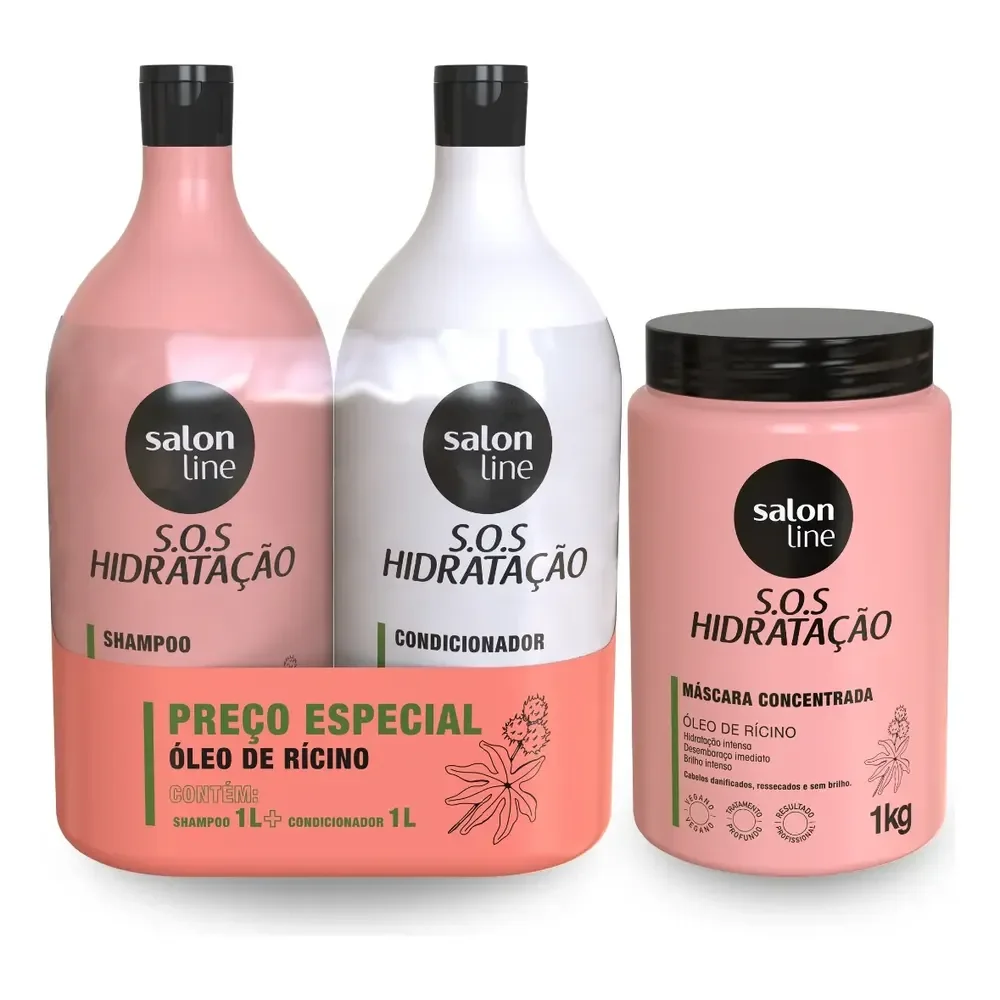Kit Shampoo E Condicionador 1l + Máscara 1kg Sos Hidratação Com Óleo De Rícino Linha De Tratamento Cabelos Danificados