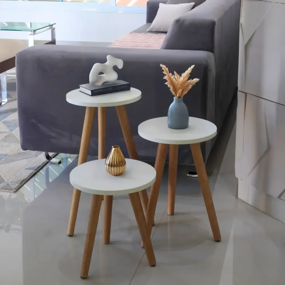 Kit 3 Mesinhas Redonda Pé Palito Retro Trio Mesas Decorativo Acabamento Fosco Cor Branco