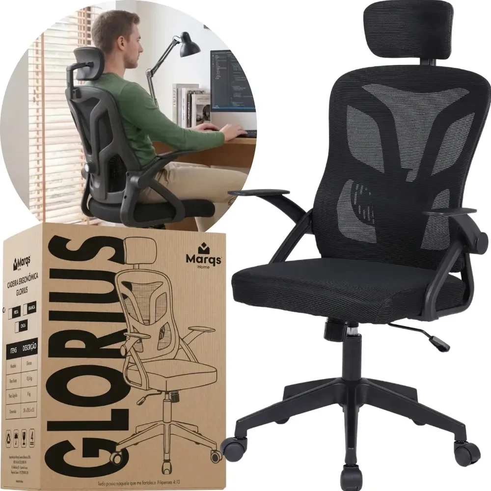 Cadeira De Escritorio Ergonomica Nr17 Glorious Marqs Home Giratoria Resistente Reforçada 180kg Confortavel Reuniao Mesh Preta Preto