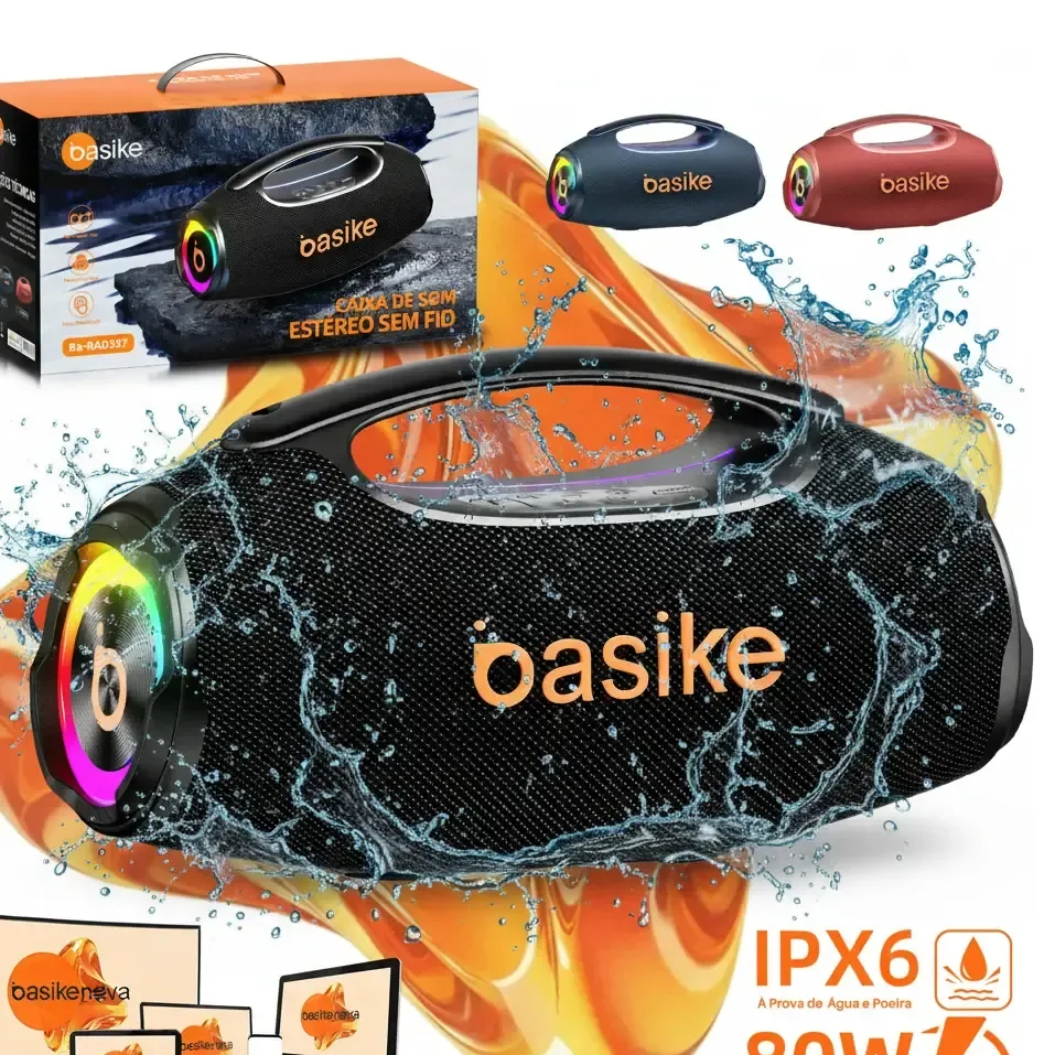 Basike Caixa De Som Boombox Plus 80w 8000mah 10hrs Portátil Bluetooth 5.3 Sem Fio Ipx6 À Prova D'água Com Luz Rgb Hifi... 6v Preto