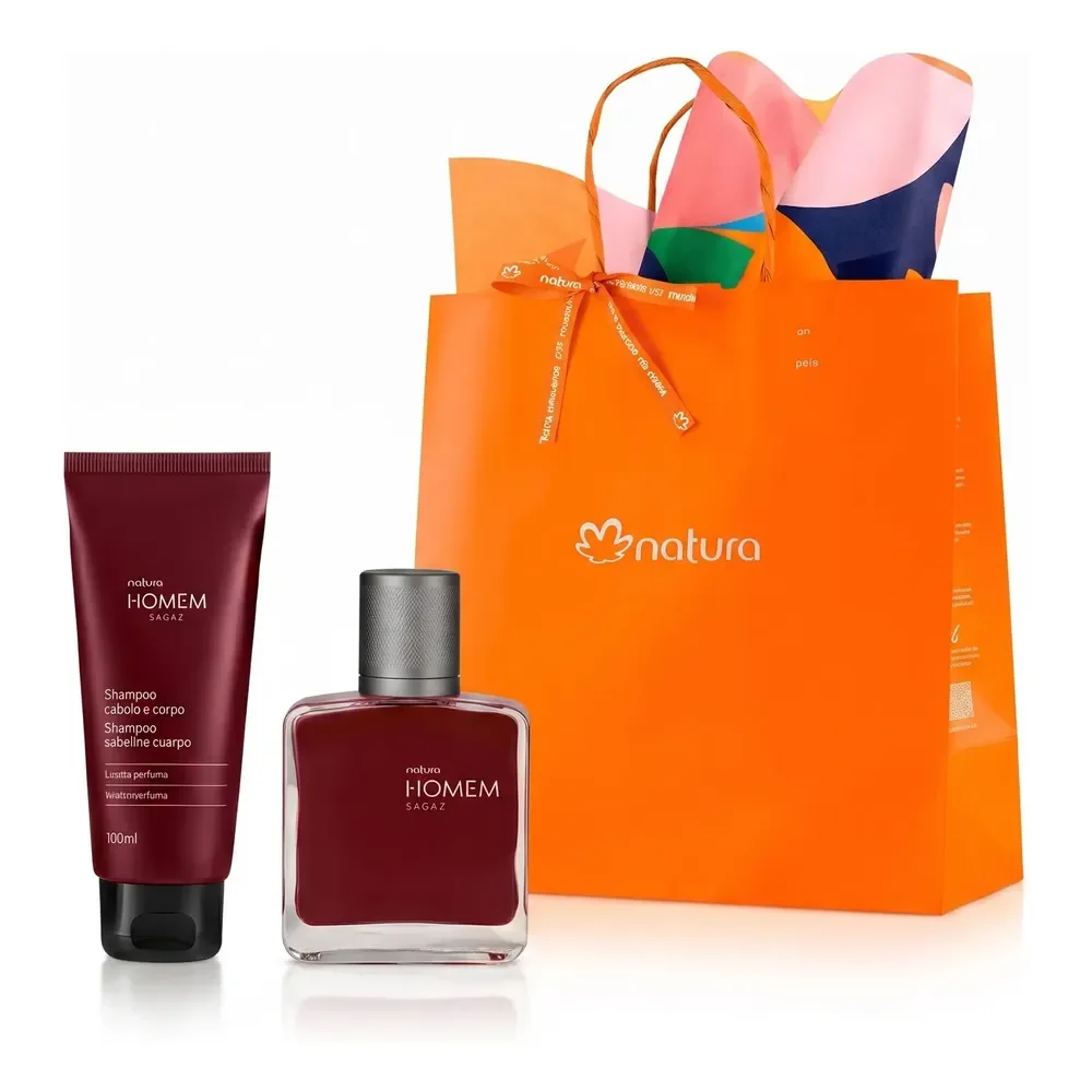 Kit Presente Natura Homem Sagaz: Deo Parfum Miniatura 25ml + Shampoo Cabelo, Barba E Corpo 100ml + Sacola Presente P