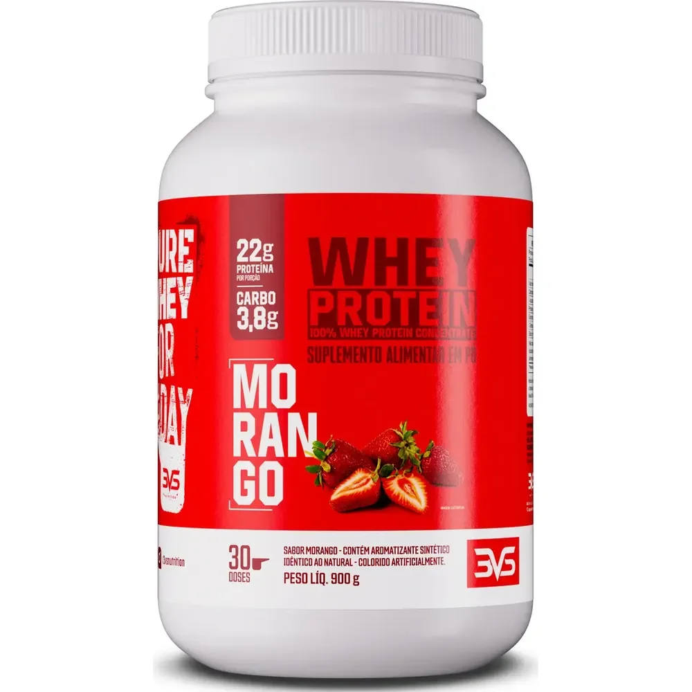 100% Whey Concentrado Com 22g De Proteína Por Dose - 900g - Sabor Morango