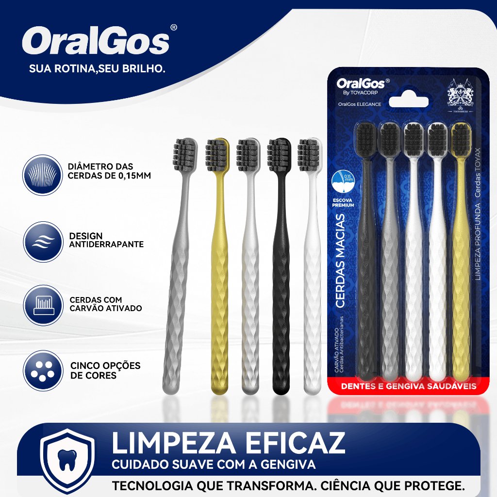 OralGos Escova Premium com Cerdas de Carvão,Cerdas de altadensidade+Pega Antiderrapante
