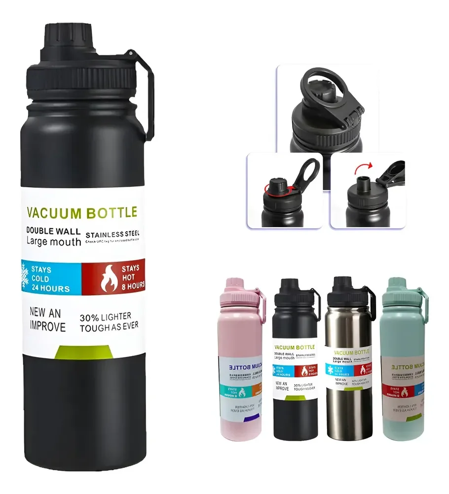 800mlgarrafa Térmica Água Squeeze Inox Academiaquente E Frio Preto