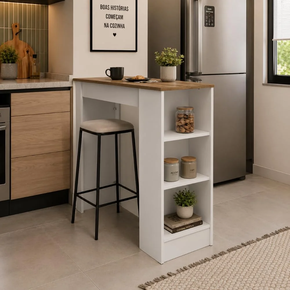 Bancada de Cozinha Ilha Gourmet Americana 2 Prateleiras 90cm Linha Bologna (Branco/Mel)