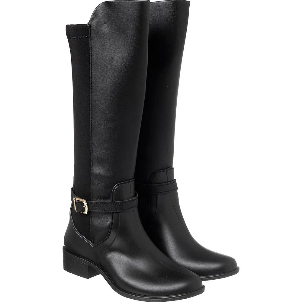Bota Feminina Montaria Lolita Cano Alto com Fivela Leve Confortável e Impermeável  - Preto