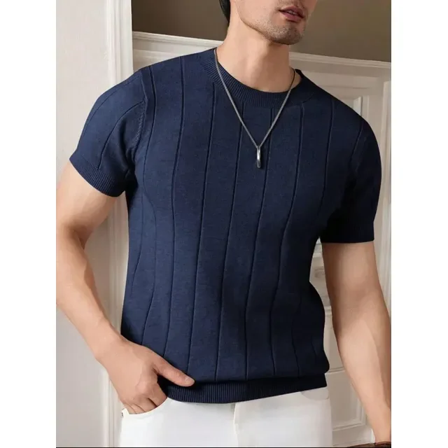 Camiseta Masculina Básica Canelada Manga Curta Tricot Modal