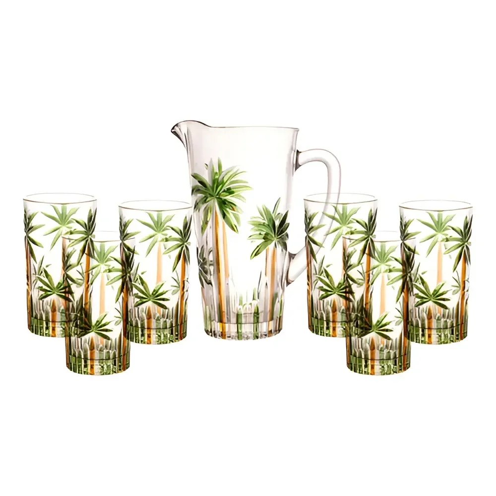 Conjunto Jarra Com 6 Copos Cristal Palm Tree Handpaint Wolff Coqueiros