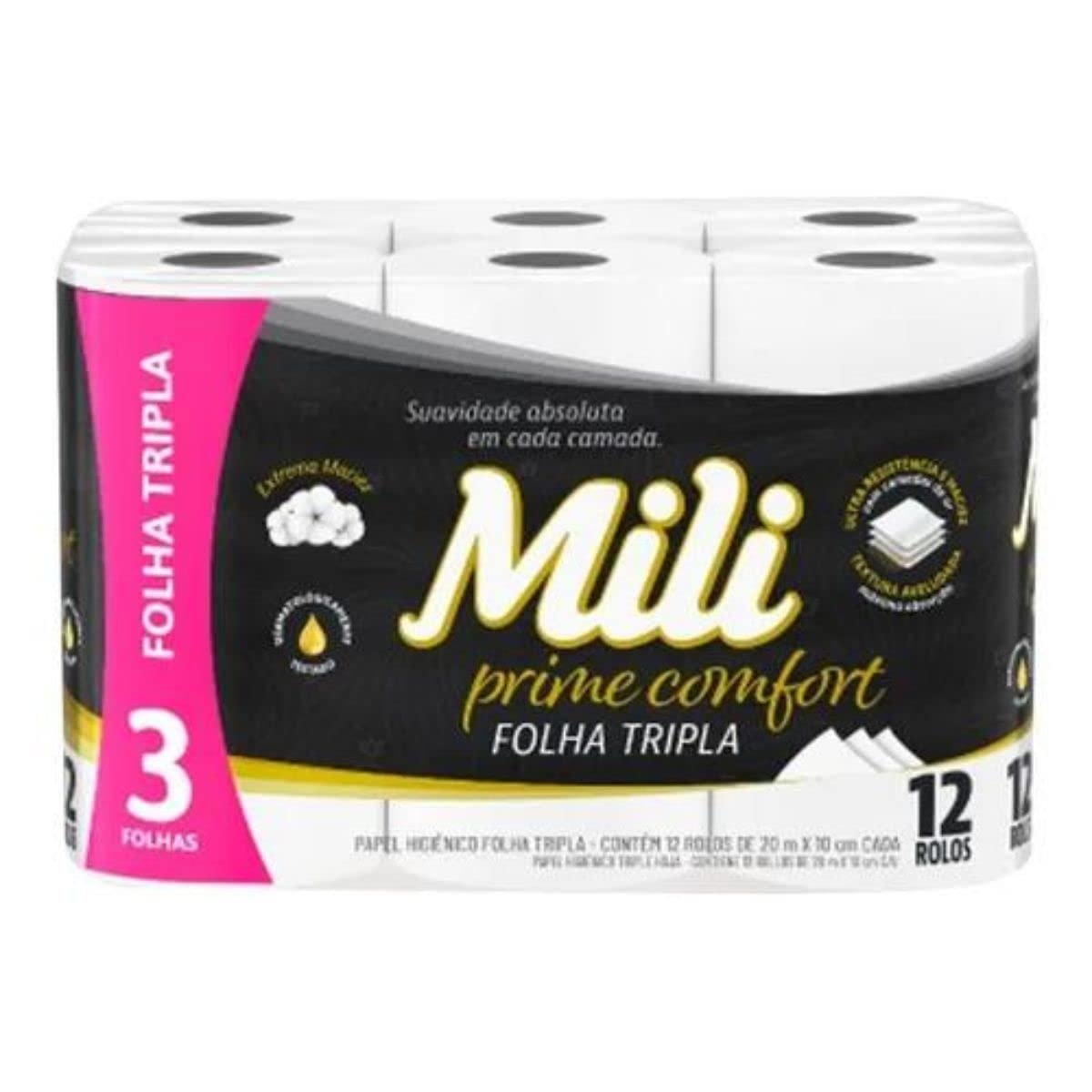 Mili Papel Higiênico Folha Tripla Prime Comfort, Picotado e Texturizado, 12 Rolos de 20 metros
