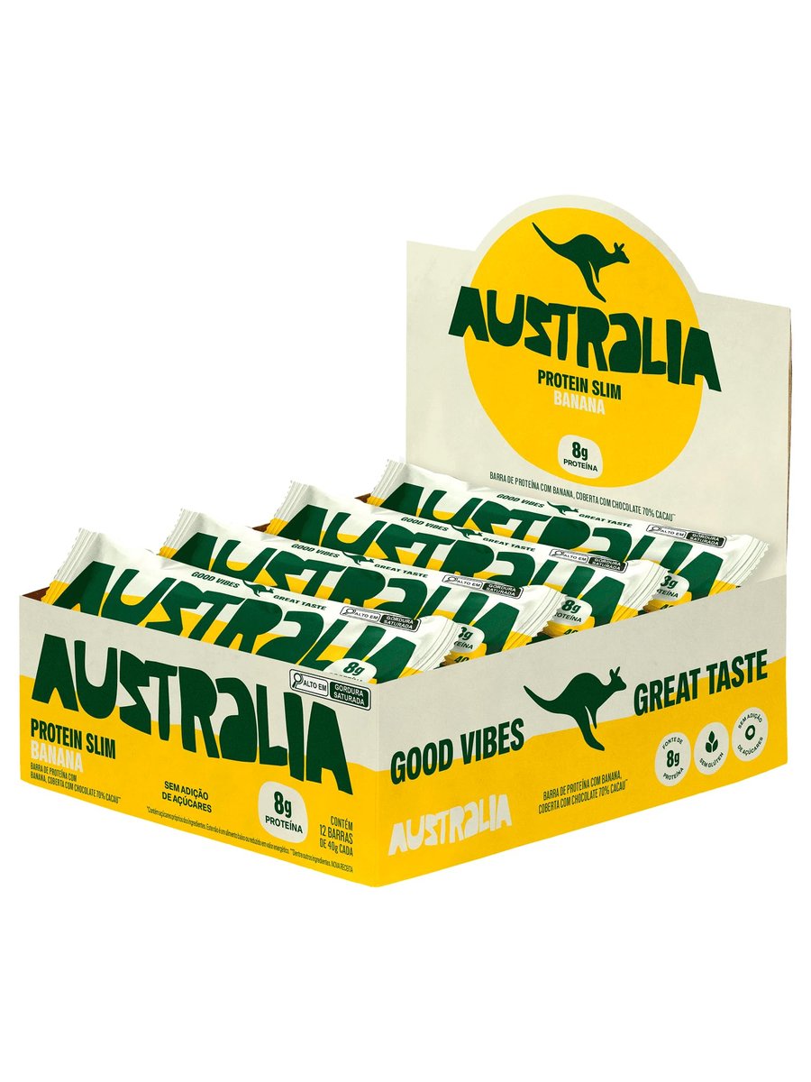 Australia Protein Slim Banana, Barra de Proteína com 8g de Proteína, Sem Adição de Açúcares, Sem Glúten, Display com 12 x 40g