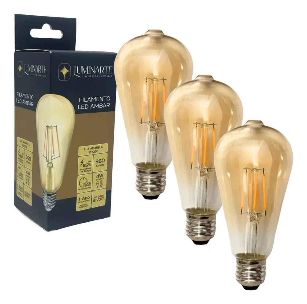Kit 3 Lâmpadas Filamento Led St64 4w Âmbar 2200k Bivolt 127/220v Branco-quente