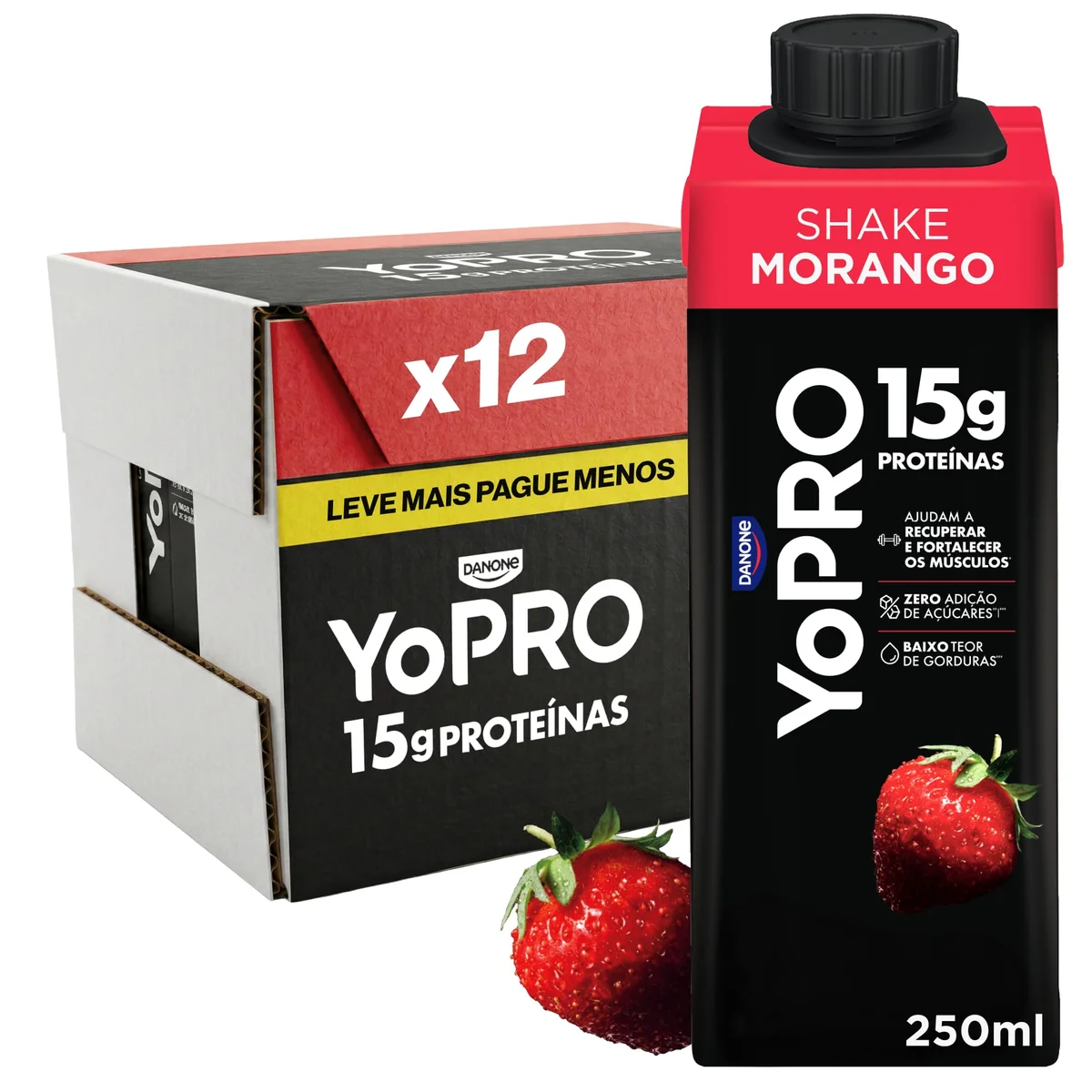 YoPRO Bebida Láctea UHT Morango – 15g de Proteínas, Líquido, Caixinha Tetra Pak 250ml (Pack com 12 unidades)
