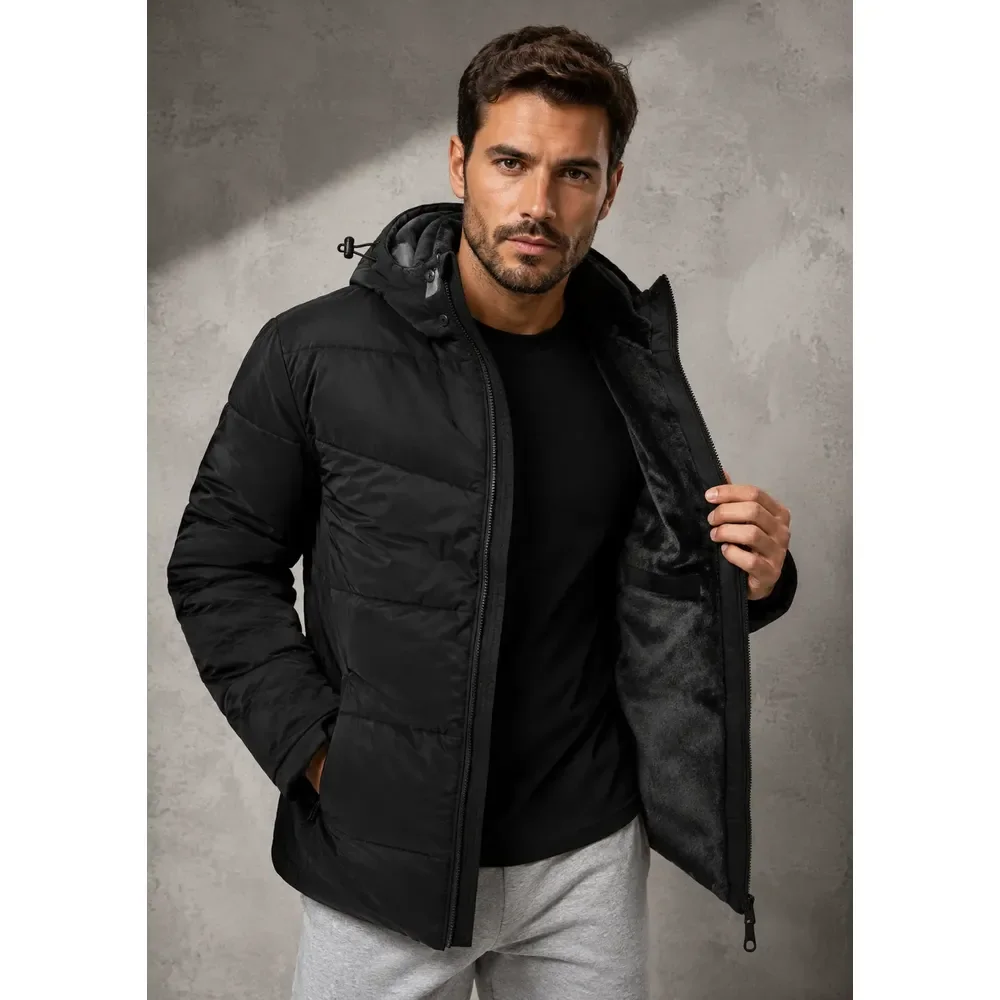 Jaqueta Puffer Masculina Térmica Com Capuz Forro Interno Preto G Liso