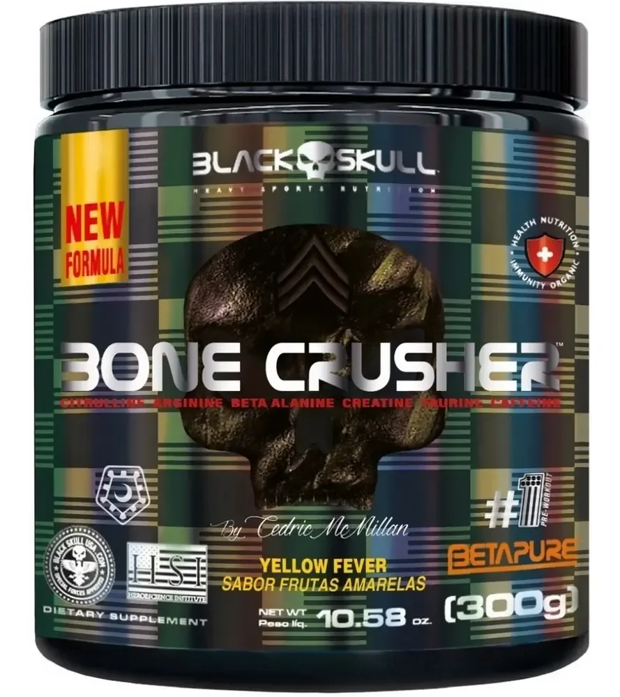 Pré Treino Bone Crusher Black Skull 300g Yellow Fever Sabor Frutas Amarelas