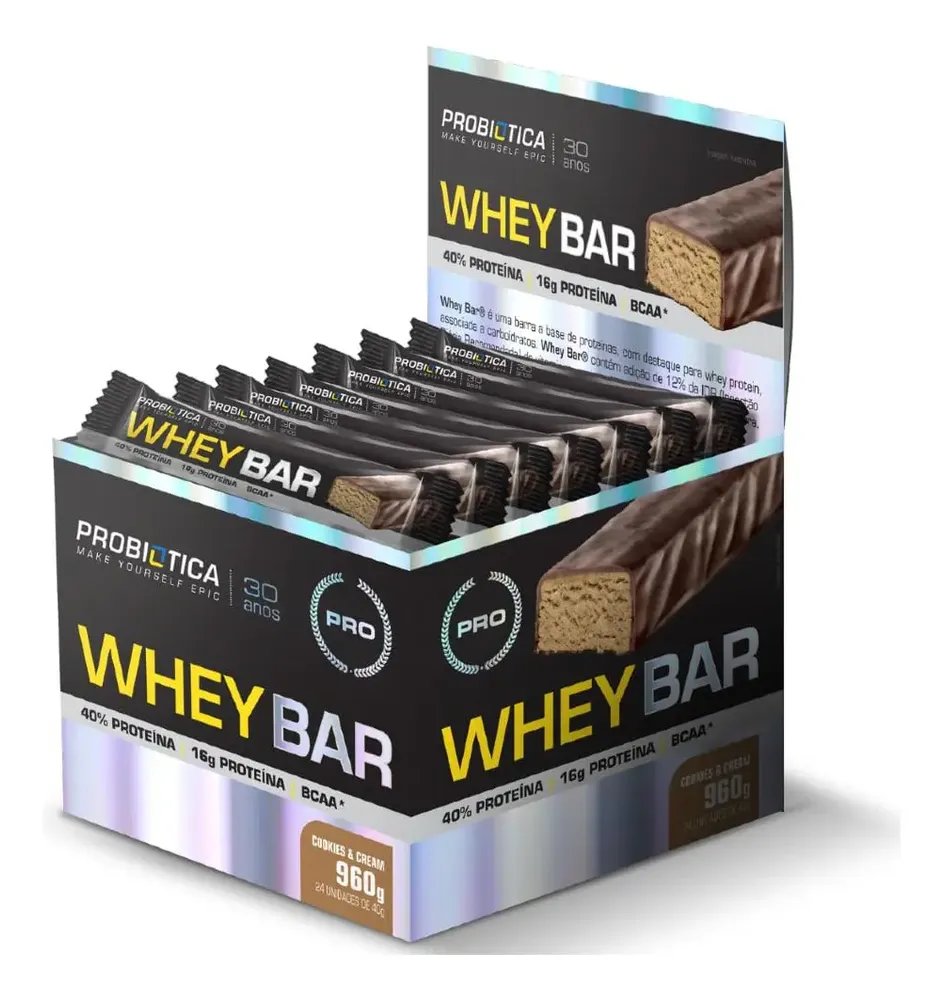 Barra de proteínas Probiótica Whey sabor Cookies and cream x 960g 24 un