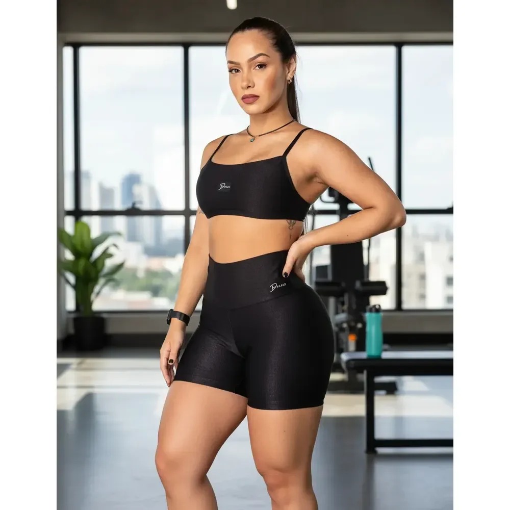 Diasp Conjunto Fitness Feminino Canelado Brilho Academia Preto G