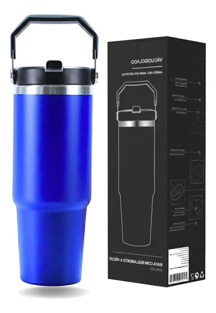 Garrafa Copo Térmico Inox Sport Carro Água 900ml Canudo Alça Azul