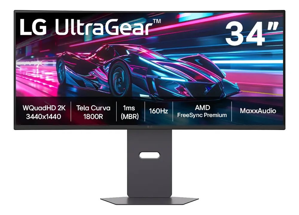 Monitor Gamer LG UltraGear Curvo 34"- QuadHD 2K, UltraWide 1800R, 160Hz, 1ms (MBR), AMD FreeSync Premium, HDR10, MaxxAudio, Preto -34G600A