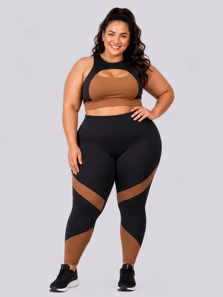 Conjunto Plus Size Top E Calça Academia Sem Transparência Preto/castanho Liso Básico G1 46/48