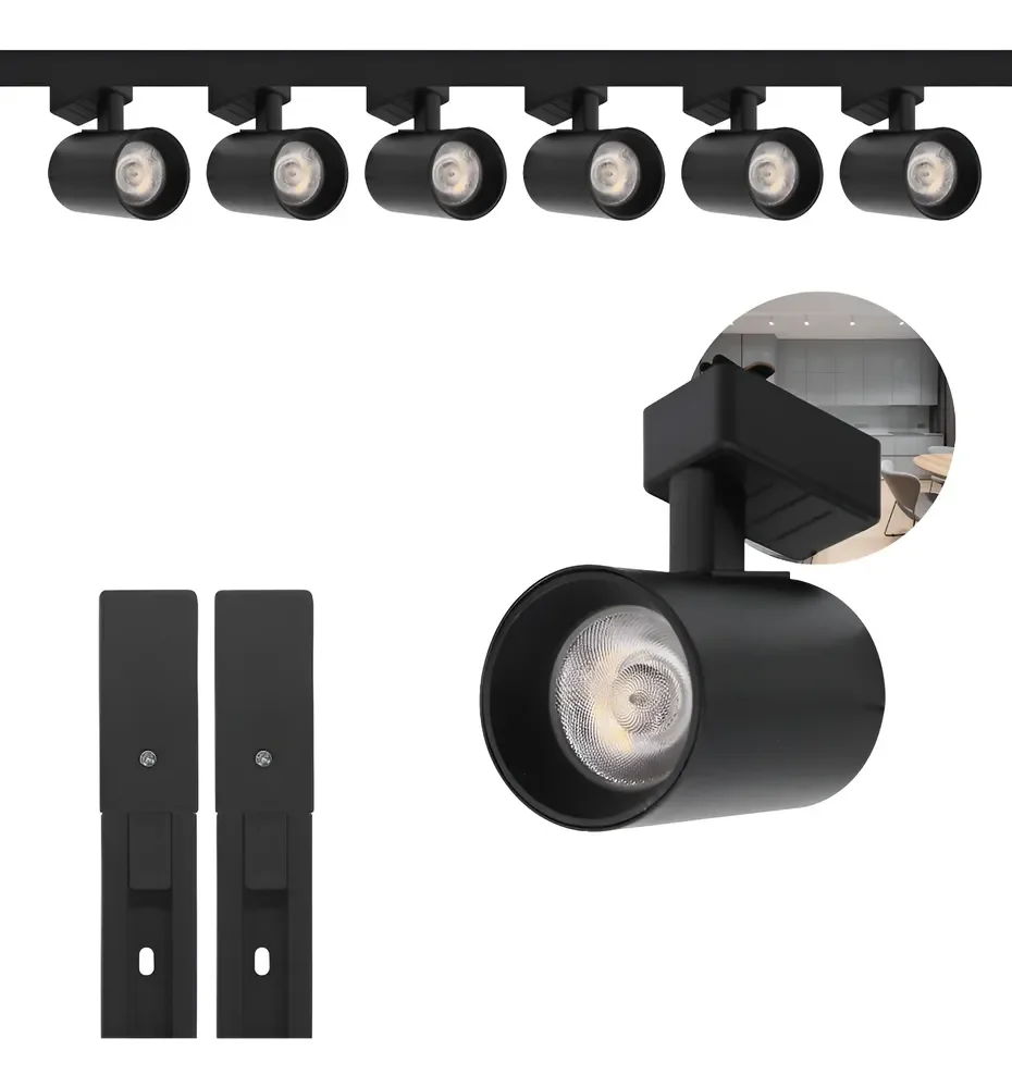 Kit Trilho Eletrificado 2m Preto + 6 Spots Led 10w Luz Frio 110v/220v (bivolt) Preto