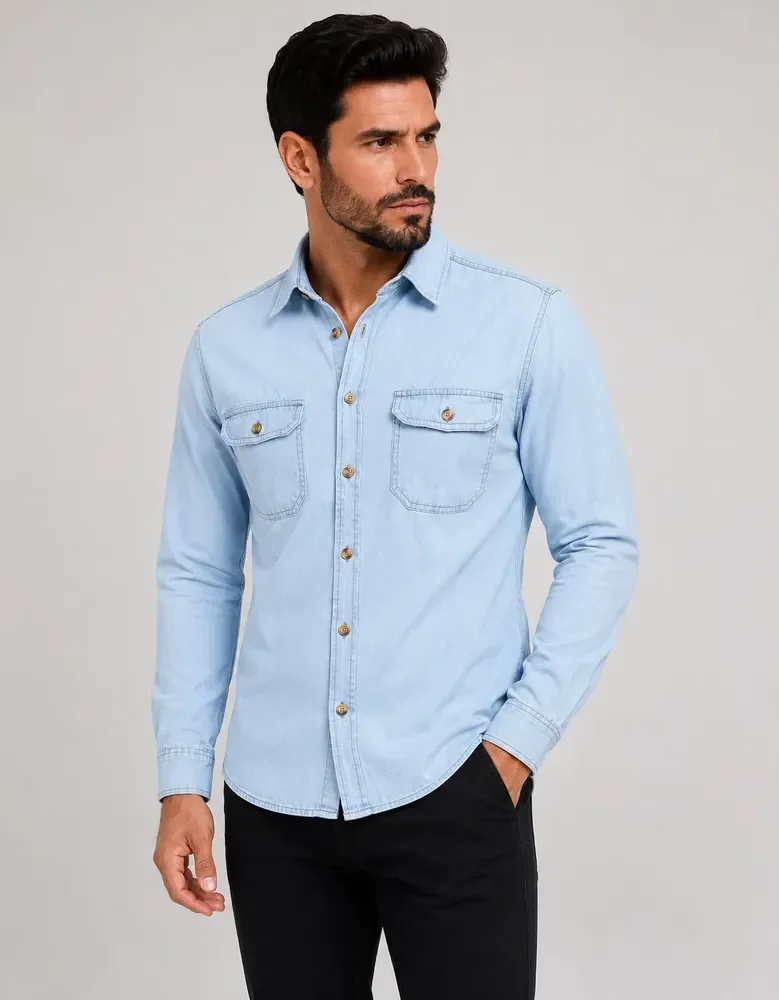 Camisa Jeans Masculina Social Slim Manga Longa Jeans Claro G