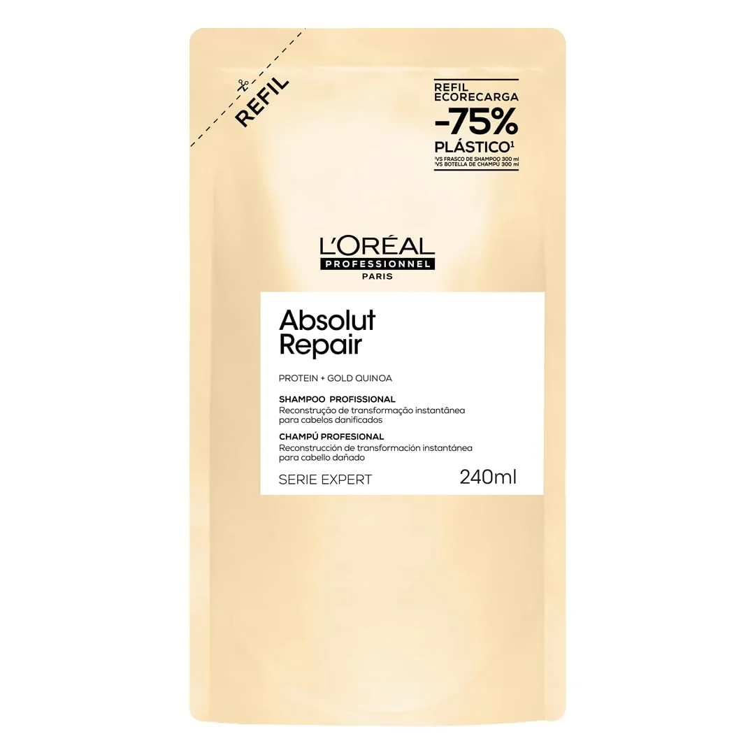 L'Oréal Professionnel Serie Expert Absolut Repair, Shampoo Reconstrutor para Cabelos Danificados e Finos Refil com Quinoa Dourada, Reparação Profunda e Brilho Intenso 240ml