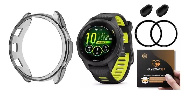 2 Películas + Capa Case + 2 Plugs Usb Para Garmin 265s 42mm  Transparente Preto