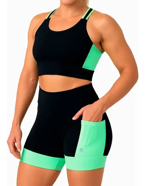 Conjunto Shorts Com Bolsos + Top Alta Sustentação Corrida