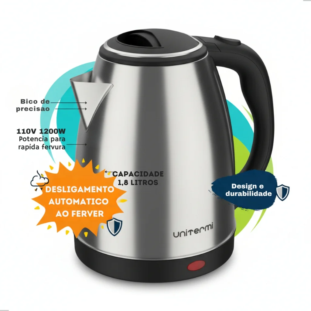 Unitermi Chaleira Elétrica Inox 1.8L - Desligamento Automático - Ferve Rápido Água P/ Café Chá!