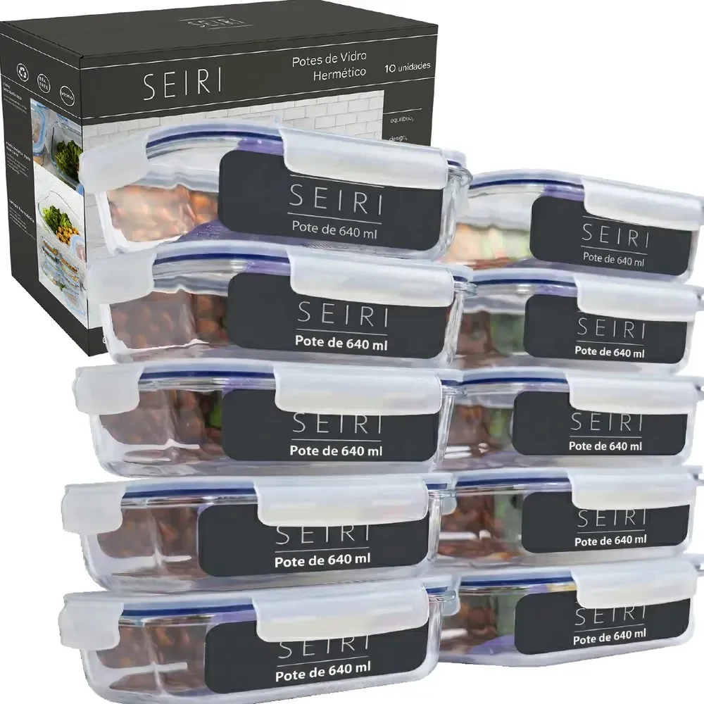 Kit 10 Pote De Vidro Marmita Hermético 640ml Freezer Fitness Borossilicato 4 Travas Micro-ondas Azul-Escuro