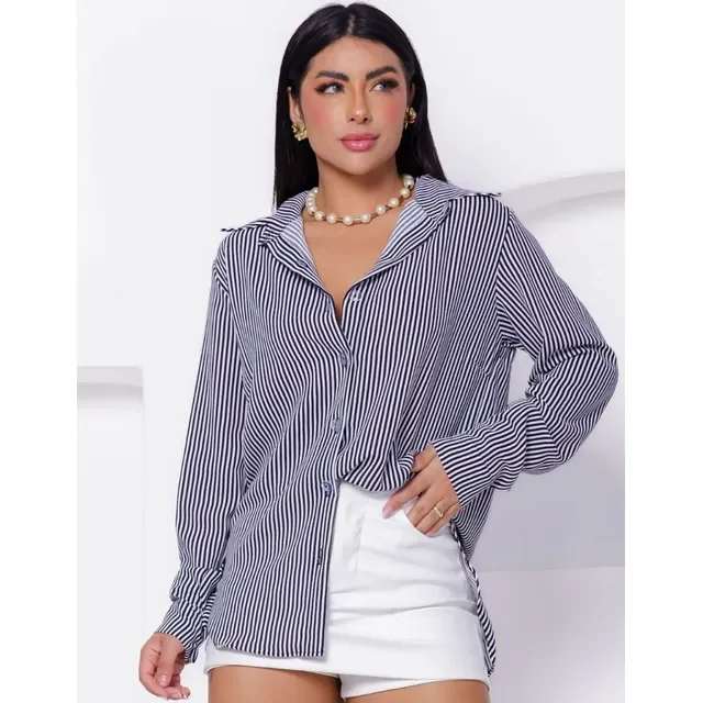 Camisa Social Feminina Clássica Listrada C/ Botões Tendência