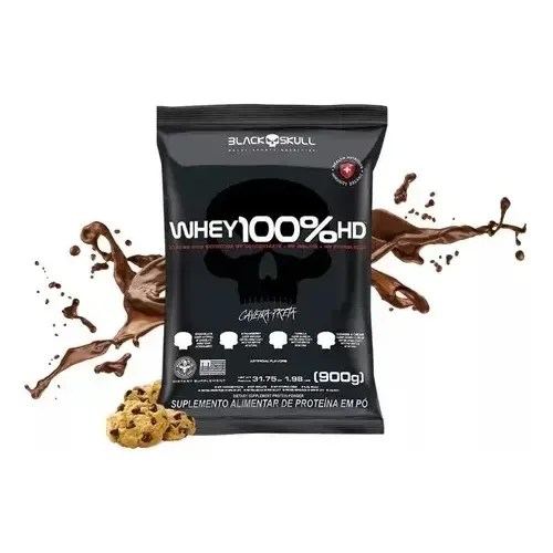 Suplemente Em Pó Whey 100% Hd Refil 900g Black Skull Sabor Cookies Biscoitos