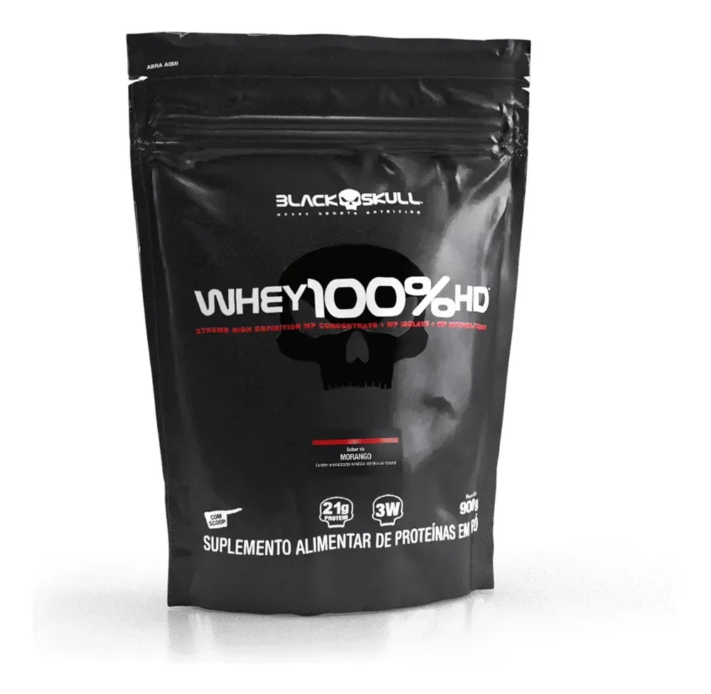 Whey 100% Hd Refil Black Skull - 900g (wpc, Wpi E Wph) Sabor Morango