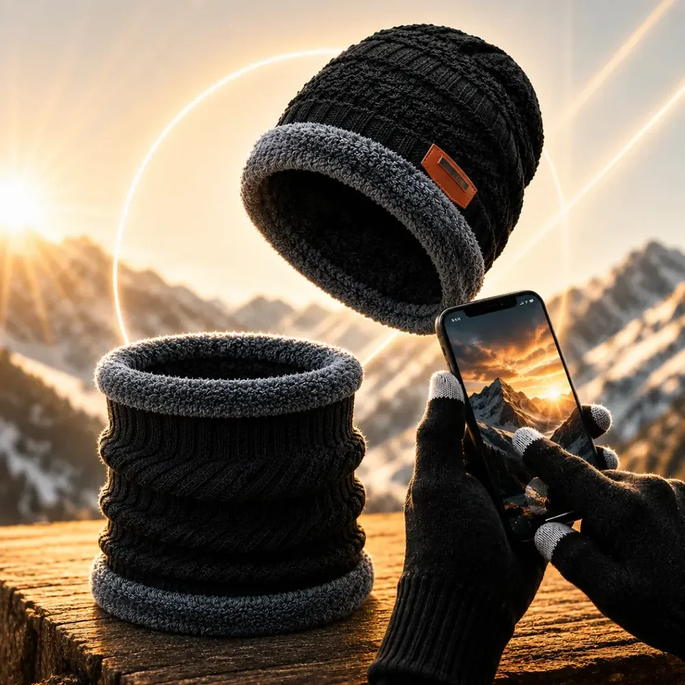 Kit Touca Gorro Cachecol Luva Touch Inverno Frio Masculino Preto Un Lisa