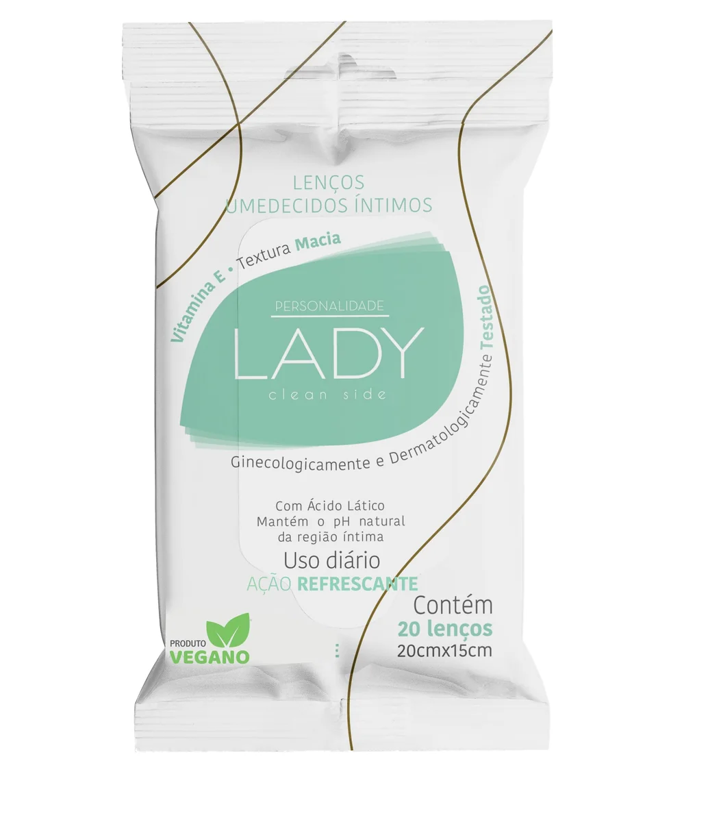 Lenço Umedecido Íntimo Personalidade Lady Clean Side Vitamina E com Ácido Lático 20 unidades 20cm X 15cm