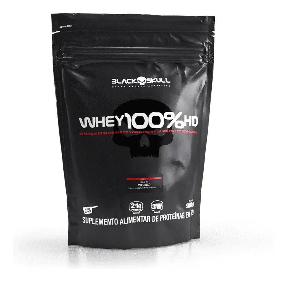 Suplemento em pó Black Skull Whey 100% HD sabor Morango 900 g