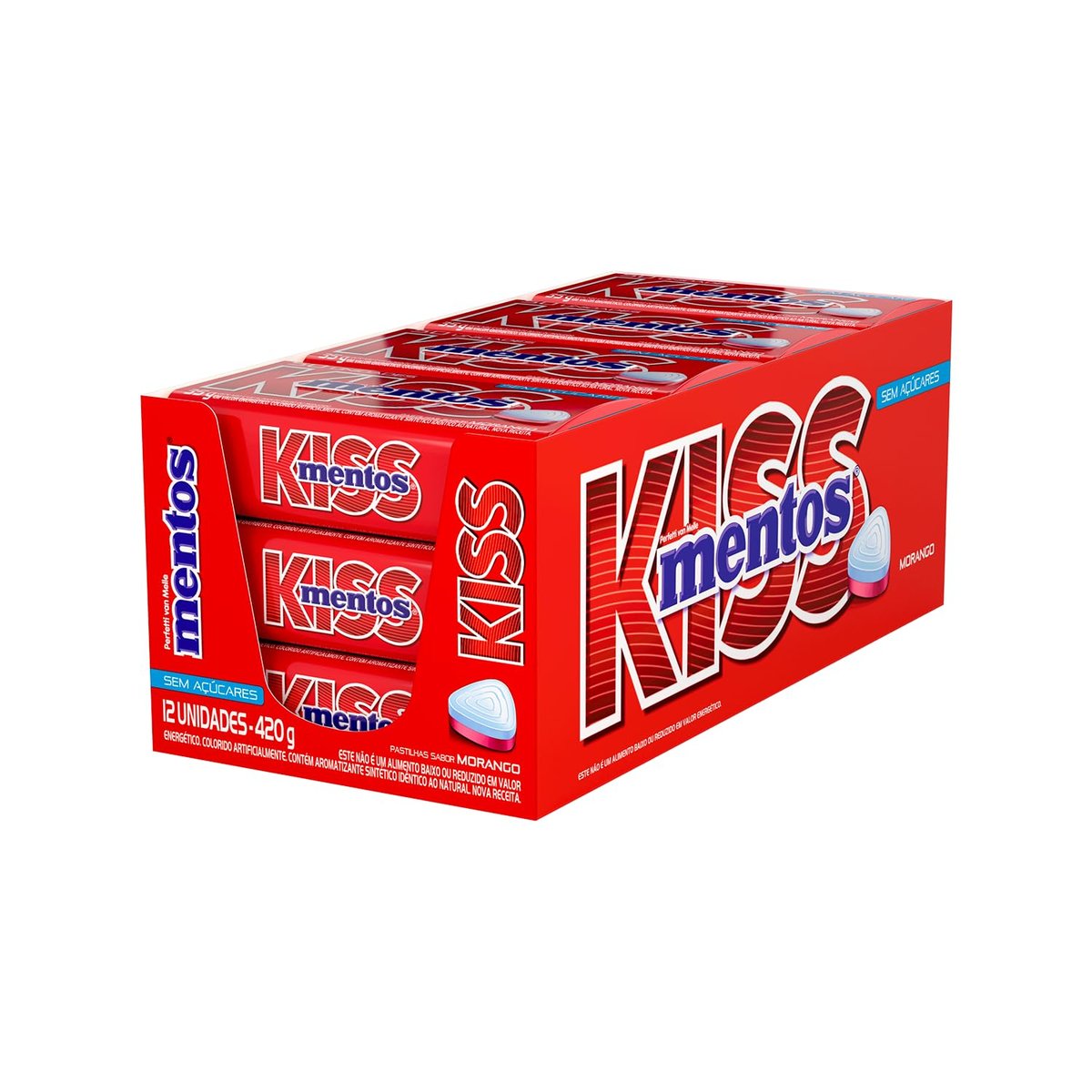 Mentos Kiss Morango Pastilhas Sem Açúcar - Display 420g | 12 Latas x 35g