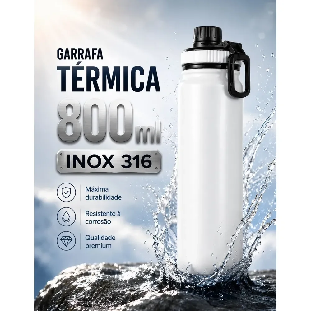 Garrafa Térmica 800ml Água Azarte Inox Academia Com Alça Branca