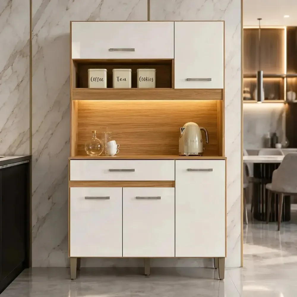 Armário de Cozinha Compacto Magazin com 5 Portas e 1 Gaveta Multiuso Freijó/Off White