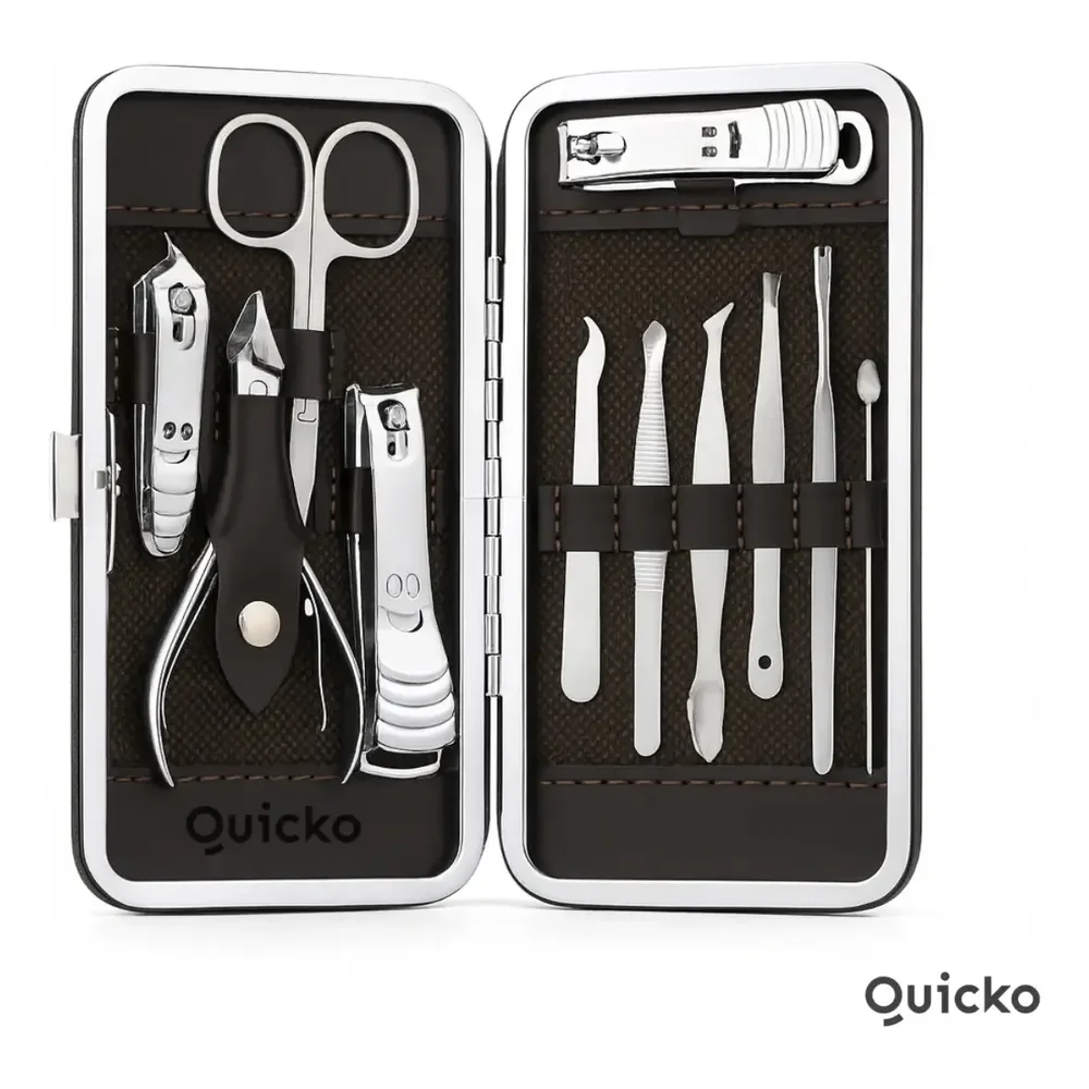 Kit Manicure Portátil Estojo Alicate Cortador De Unha 12 Pç - Desencravador De Unha Alicate Lixa Profissional Premium Tesoura Empurrador De Cutículas Marca Quicko