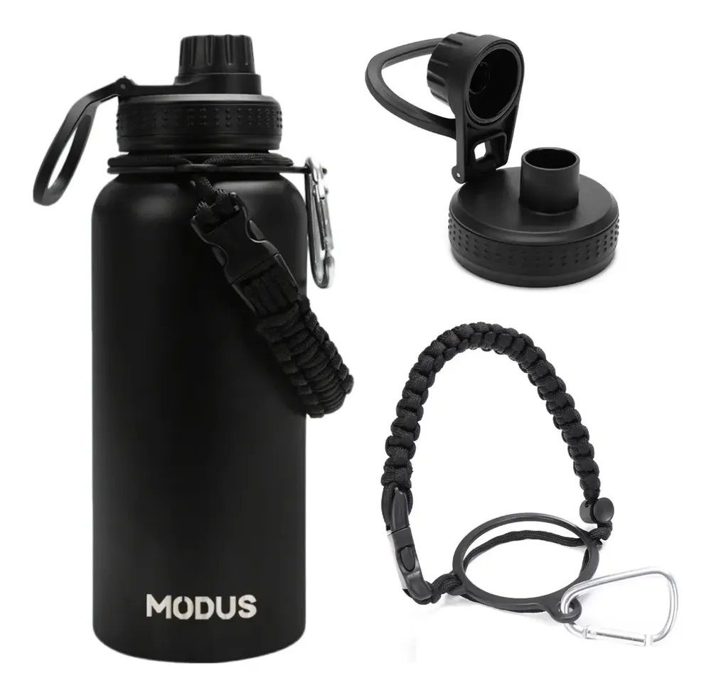Garrafa Térmica 1000ml Aço Inox 304 Gelo 18h Quente 12h Com Alça Paracord Cor Preta-j252
