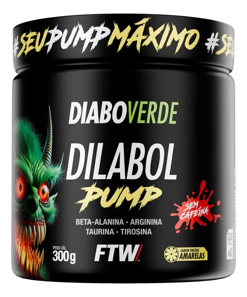 Pré Treino Dilabol Pump Diabo Verde Sem cafeína Pote 300g Sabor Frutas Amarelas - FTW