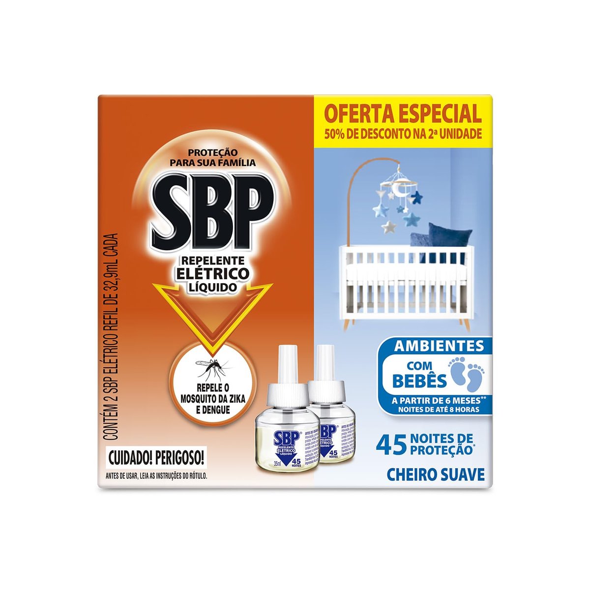 Repelente Elétrico Líquido SBP 45 Noites Cheiro Suave com 2 unidades de 32.9ml