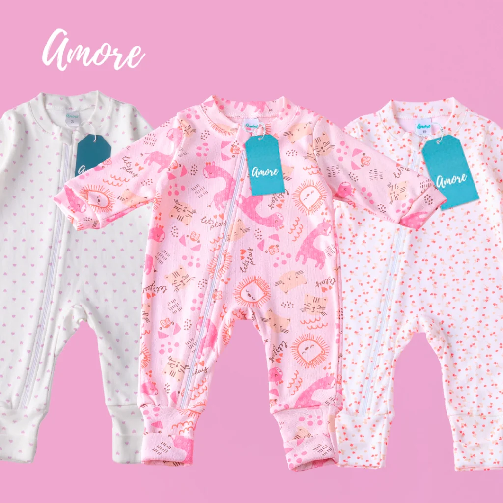 3 Macacões Bebê Amore Mais Vendidos Vira Pé com Zíper Menina 100% Algodão