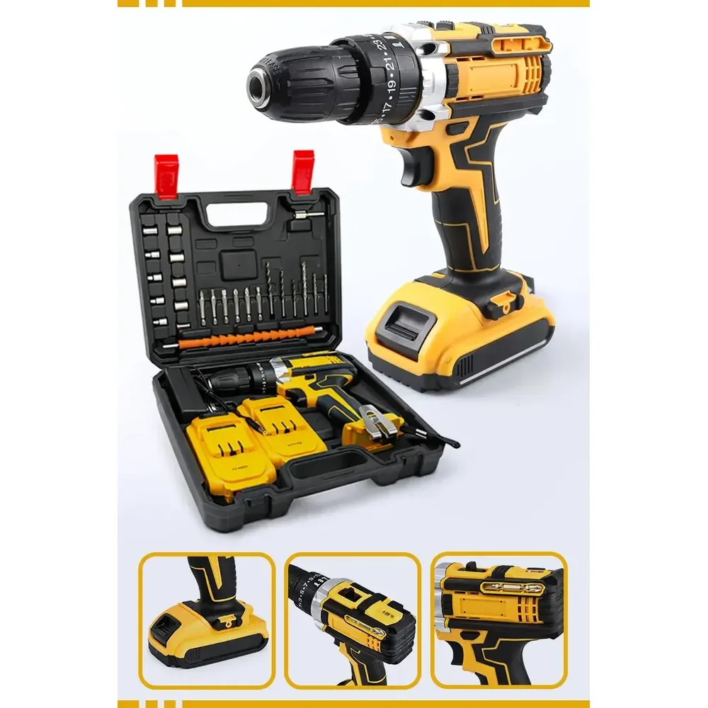 Furadeira Parafusadeira Com 2 Baterias Recarregáveis Maleta Mandril 10mm Torque 32n.m 0-400/0-1400 Rpm Velocidade... Amarelo 127/220v